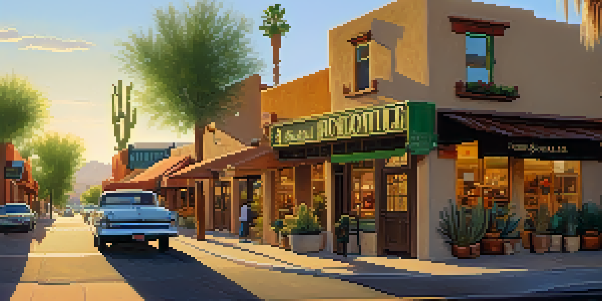 A warm, golden hour view of Old Town Scottsdale featuring historic adobe buildings, vibrant storefronts, and colorful banners amidst lush desert plants.