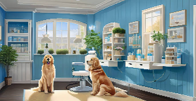A pet grooming salon where a golden retriever is being groomed by a smiling groomer in a well-decorated, calming environment.