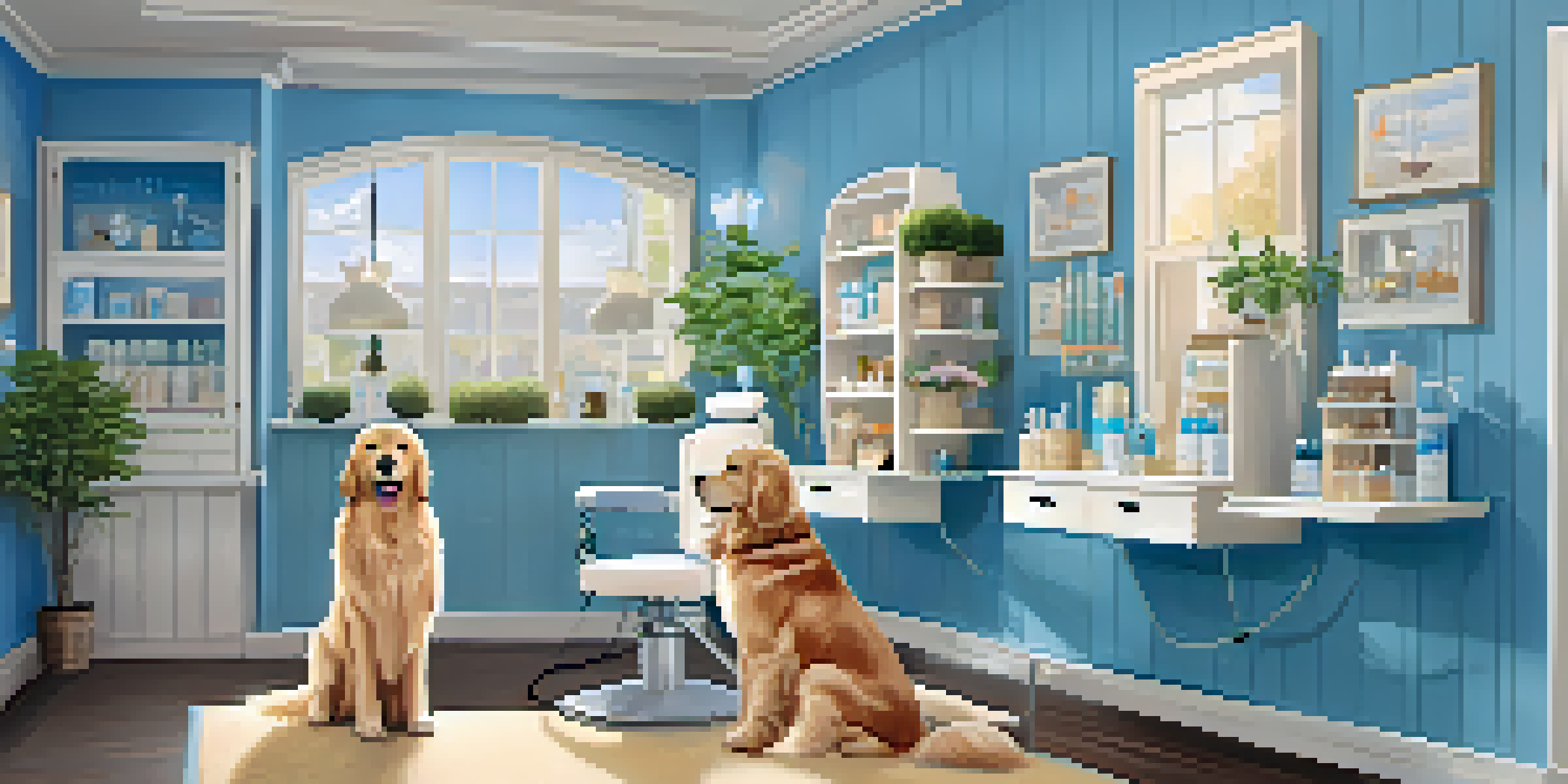 A pet grooming salon where a golden retriever is being groomed by a smiling groomer in a well-decorated, calming environment.