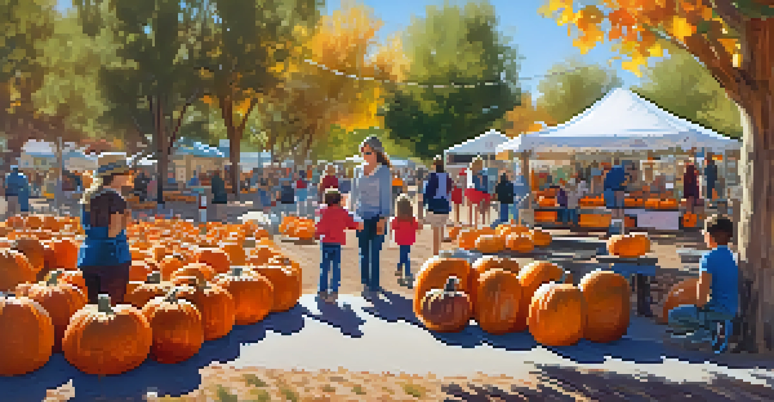 Children painting pumpkins at a festive arts and crafts station in a pumpkin patch, with colorful decorations and warm sunlight.