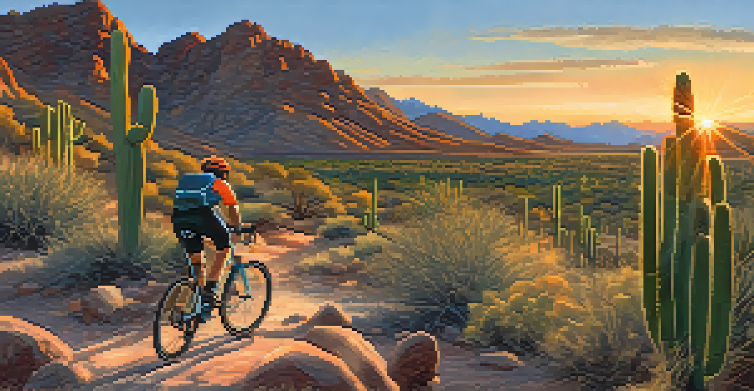 A cyclist tackling rocky trails in a desert park during sunset, with cacti and mountains visible in the background.