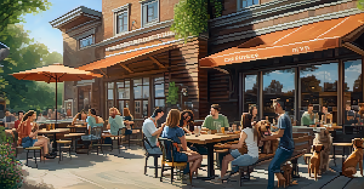 A relaxed outdoor brewery scene with friends enjoying food and drinks alongside their dogs.