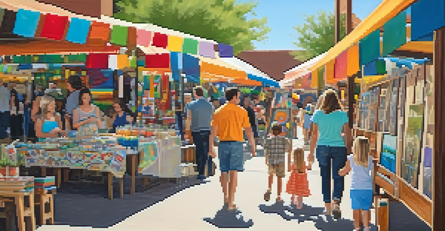 A family participating in crafts at an outdoor market, surrounded by colorful banners and local artwork, creating a cheerful atmosphere.
