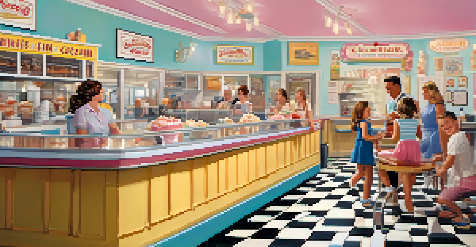 Families enjoying oversized ice cream sundaes at Sugar Bowl Ice Cream Parlor, with a retro decor and children happily choosing ice cream flavors.