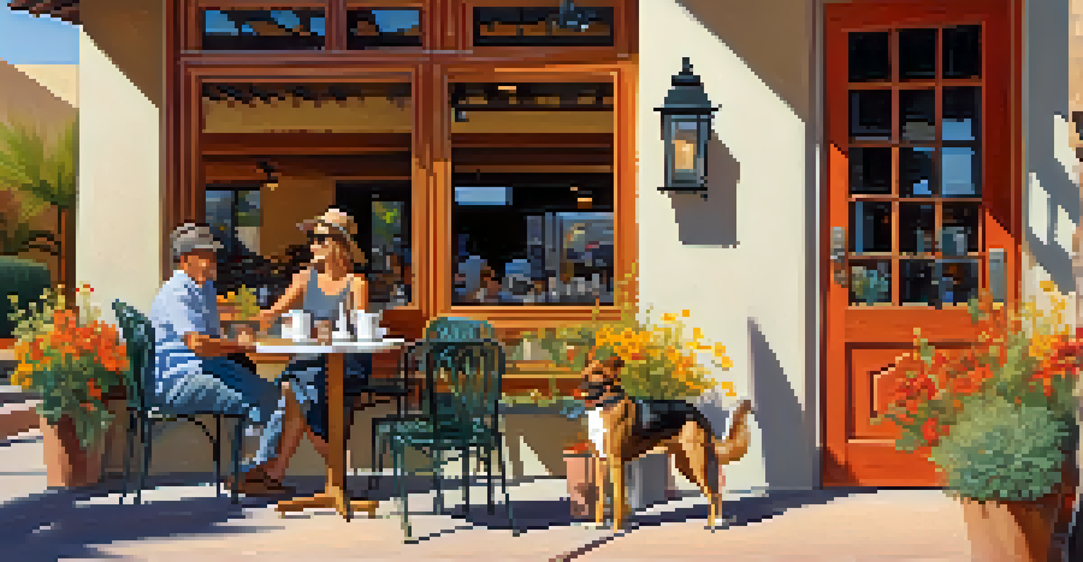 Couple relaxing at an outdoor café with their dog beside them.