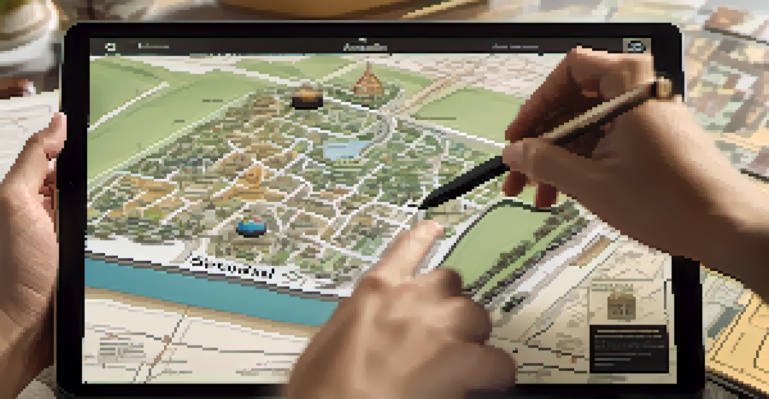 A person using a digital map on a tablet to explore historical sites in Scottsdale, with icons representing historical artifacts.