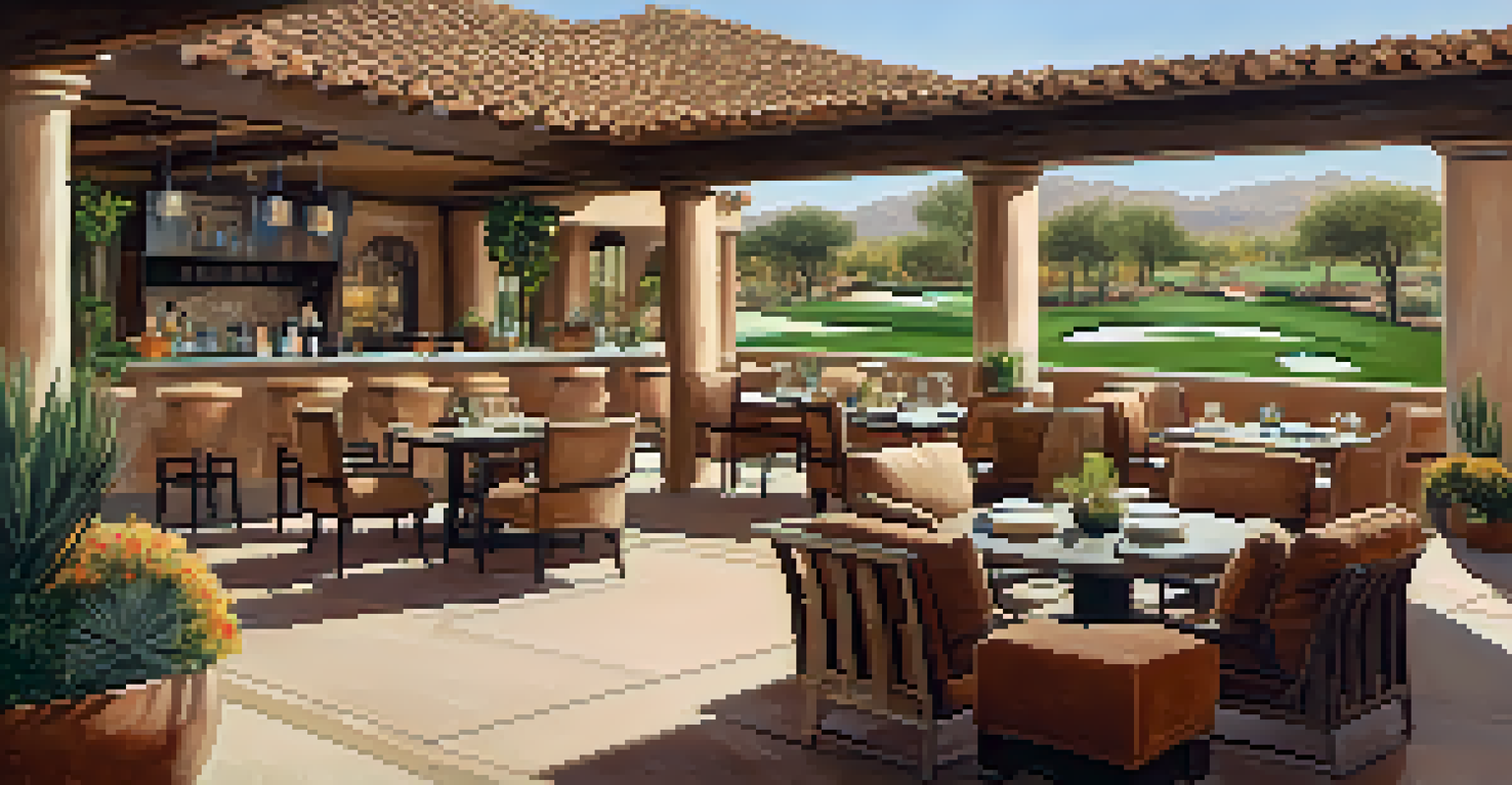 A luxurious golf clubhouse in Scottsdale with a terrace overlooking a golf course, showcasing Southwestern architecture and greenery.