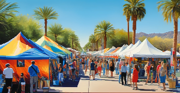 An outdoor art festival in Scottsdale with colorful tents and diverse artists interacting with visitors, surrounded by palm trees under a blue sky.