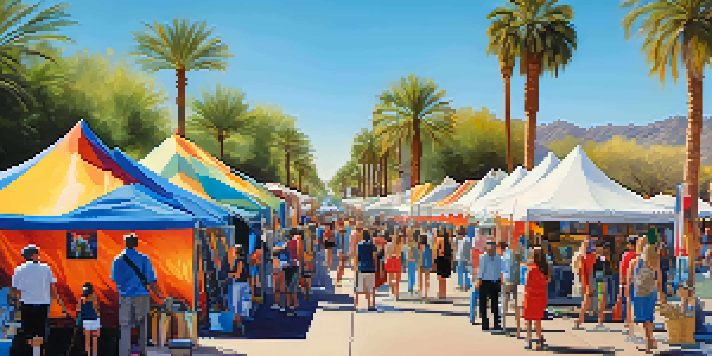An outdoor art festival in Scottsdale with colorful tents and diverse artists interacting with visitors, surrounded by palm trees under a blue sky.