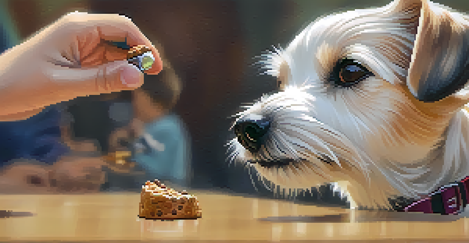A close-up of a small terrier looking at a clicker during dog training.