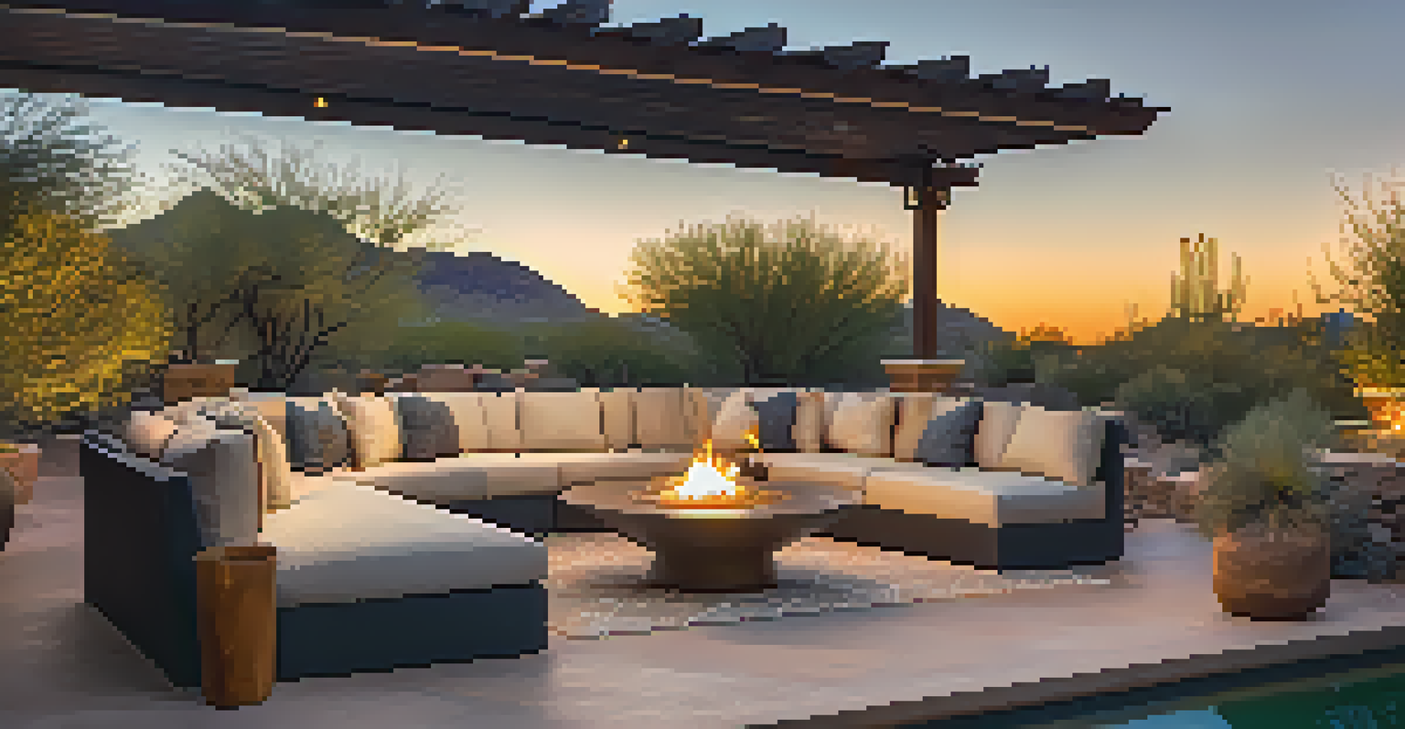 Outdoor living area in a Scottsdale luxury home, showcasing a beautiful patio, fire pit, and pool, bathed in warm golden hour light.