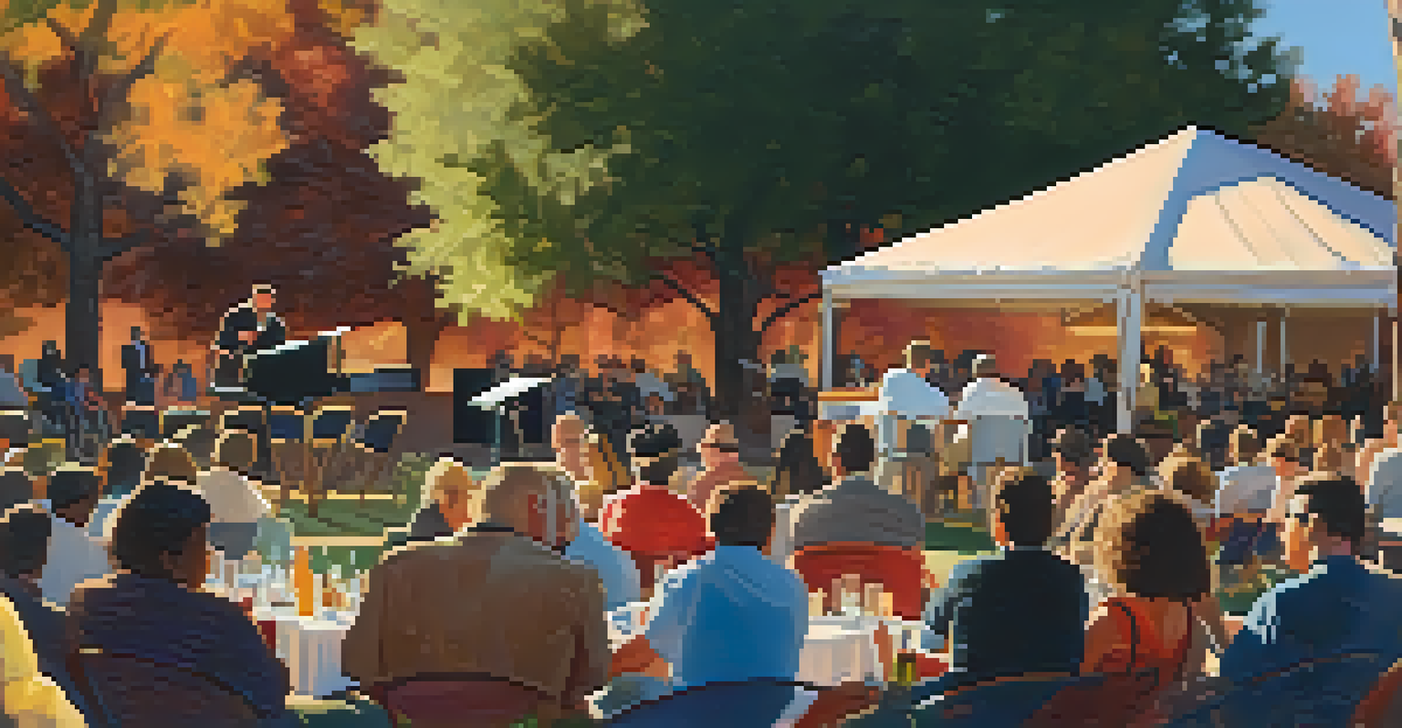 An intimate jazz festival scene with a band performing and an audience enjoying the music in a warm, cozy atmosphere.