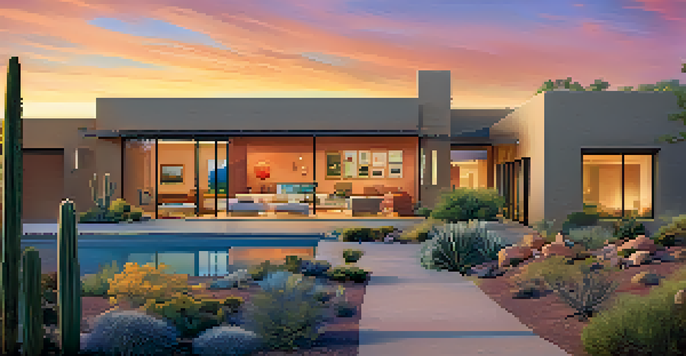 A modern luxury home in Scottsdale with large glass windows set against a colorful sunset, surrounded by desert plants.