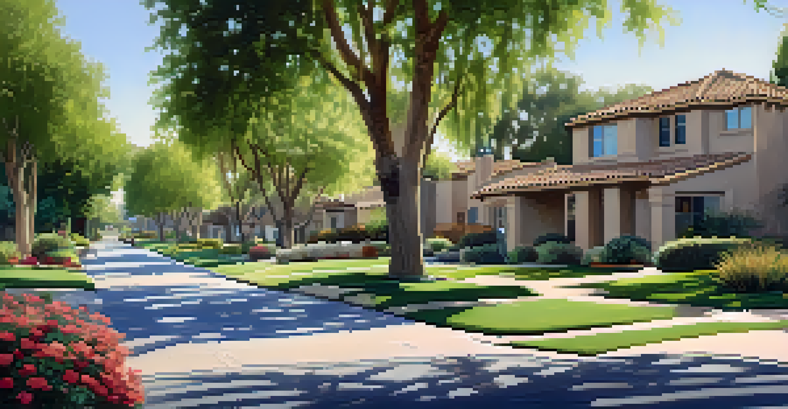 A peaceful suburban neighborhood in McCormick Ranch, Scottsdale, with modern homes and families enjoying the outdoors in the morning light.