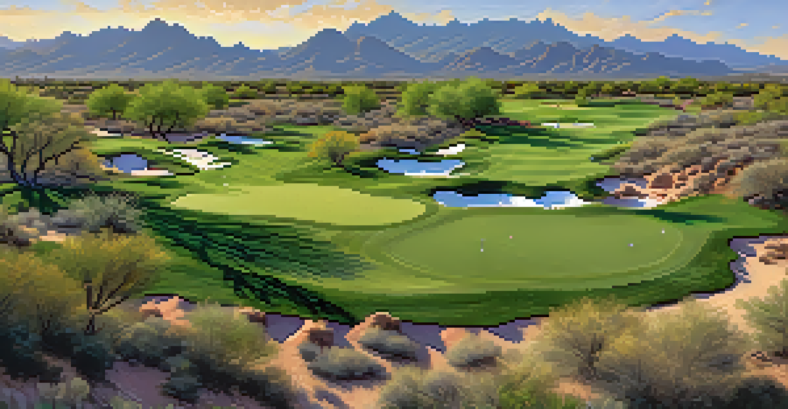 Aerial view of Grayhawk Golf Club with golfers on the Raptor course and mountains in the background.