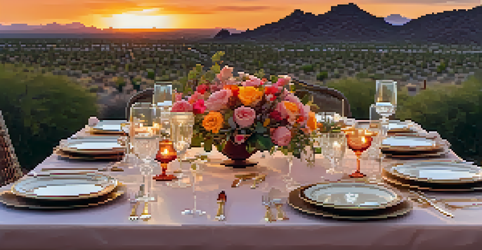 A beautifully arranged outdoor dining table in Scottsdale with sunset colors and decorative elements.