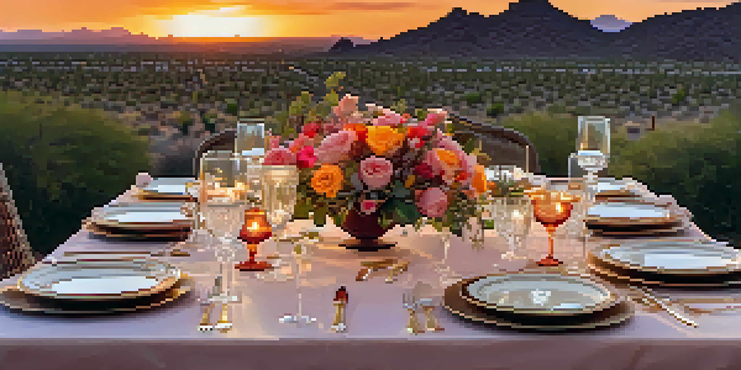 A beautifully arranged outdoor dining table in Scottsdale with sunset colors and decorative elements.