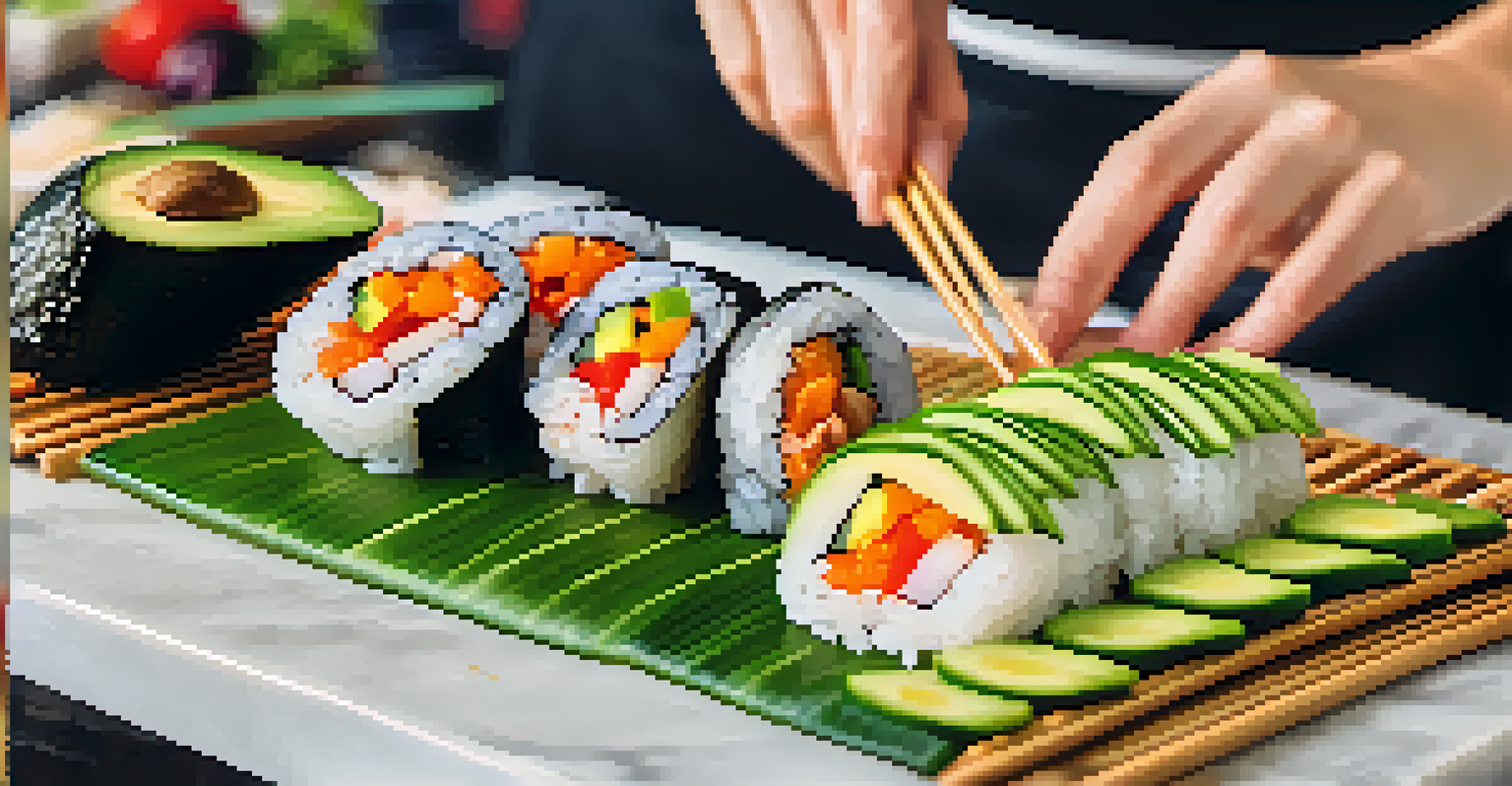 A close-up of hands rolling sushi with colorful ingredients during a cooking class, showcasing the art of sushi making.