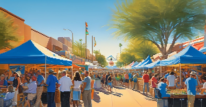 A lively outdoor music festival with diverse attendees enjoying performances, colorful banners, and food stalls under a clear sky.