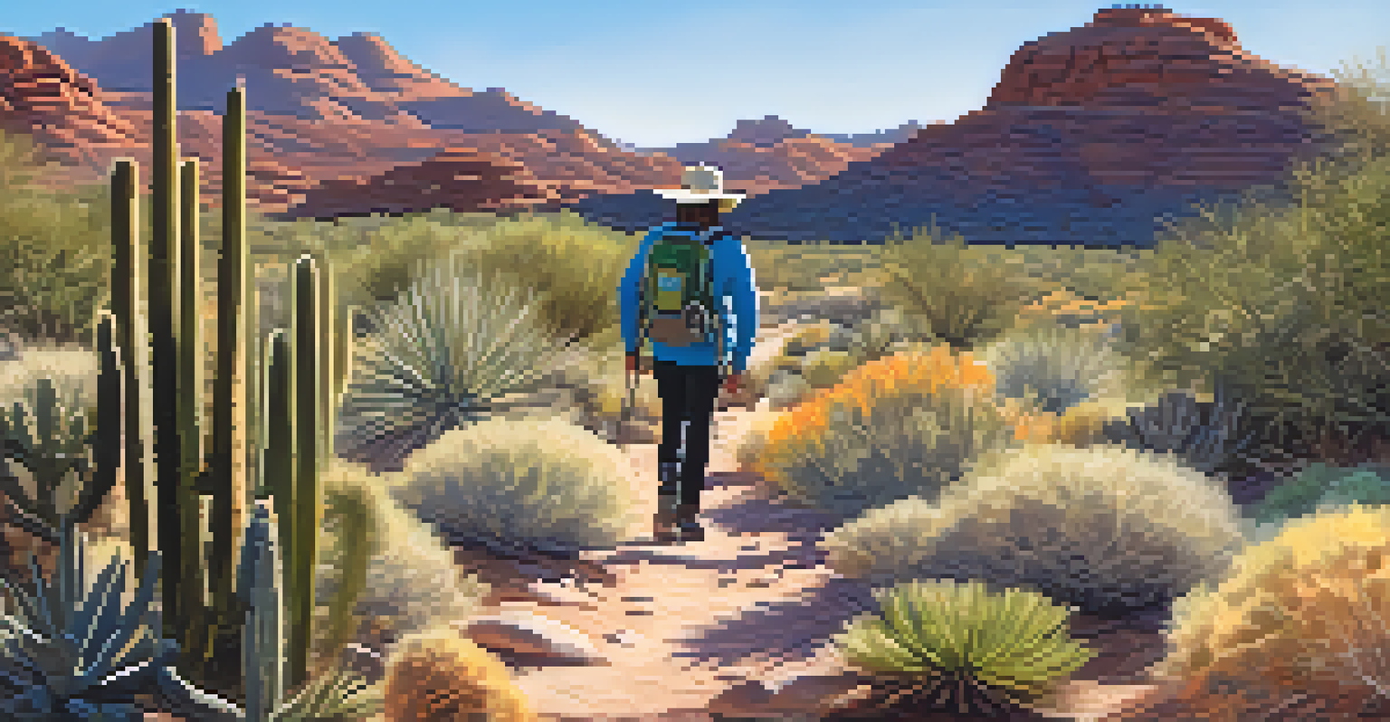 A hiker dressed for Scottsdale's weather trekking on a sunlit trail surrounded by desert plants, with sunlight casting shadows on the ground.