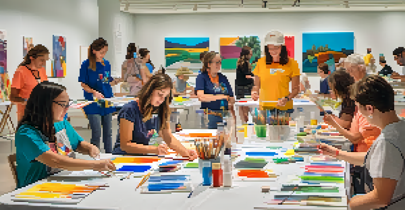 A lively art workshop at the Scottsdale Museum of Contemporary Art, with volunteers assisting visitors in creating colorful artwork using various art supplies.