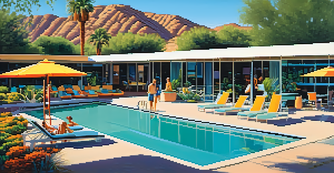 Family gathering by the pool at Hotel Valley Ho, with mid-century modern architecture and lush greenery.