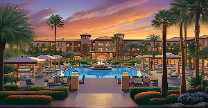 A beautiful sunset view of the Fairmont Scottsdale Princess resort, with palm trees and families enjoying outdoor activities.