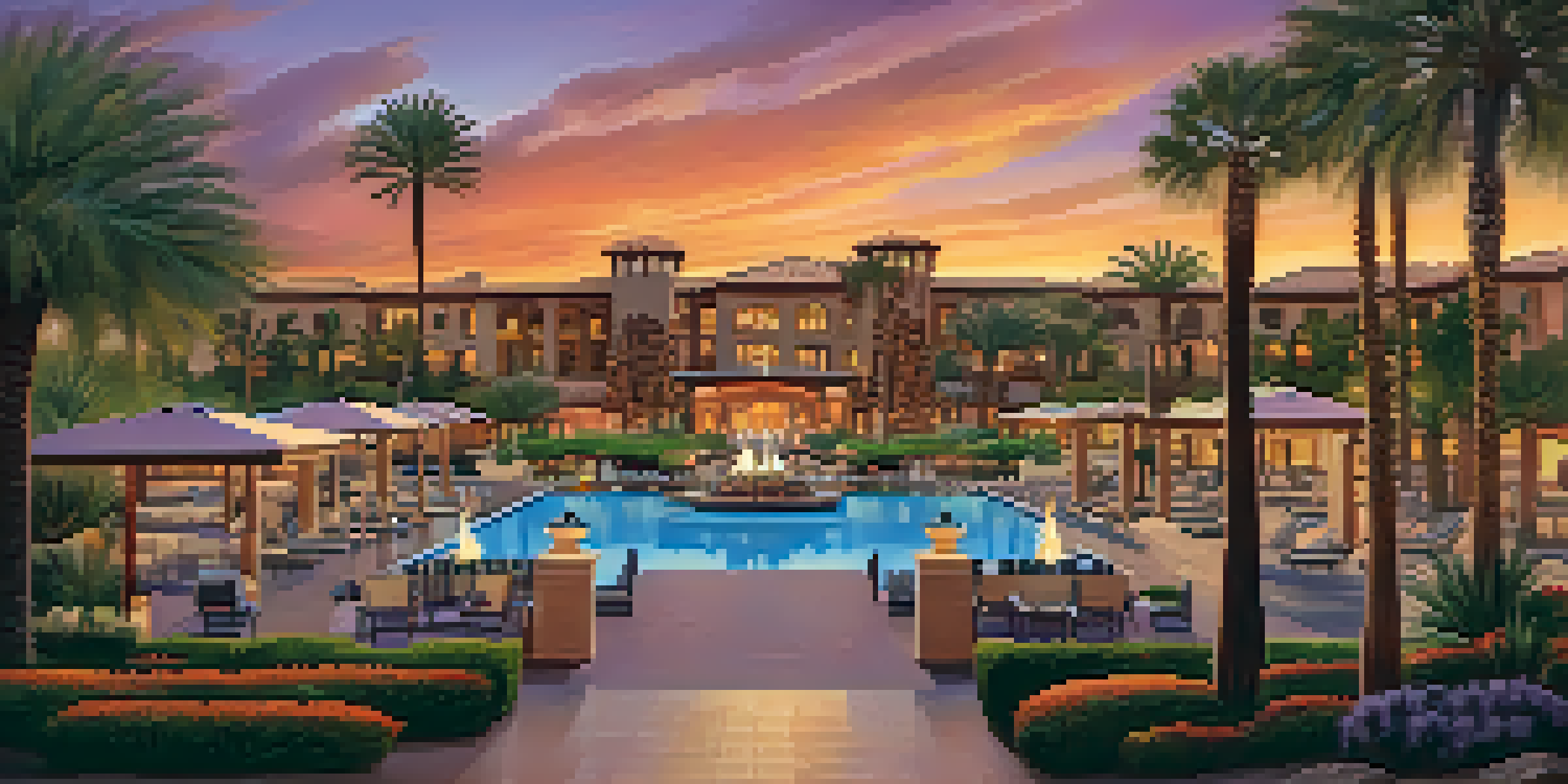 A beautiful sunset view of the Fairmont Scottsdale Princess resort, with palm trees and families enjoying outdoor activities.