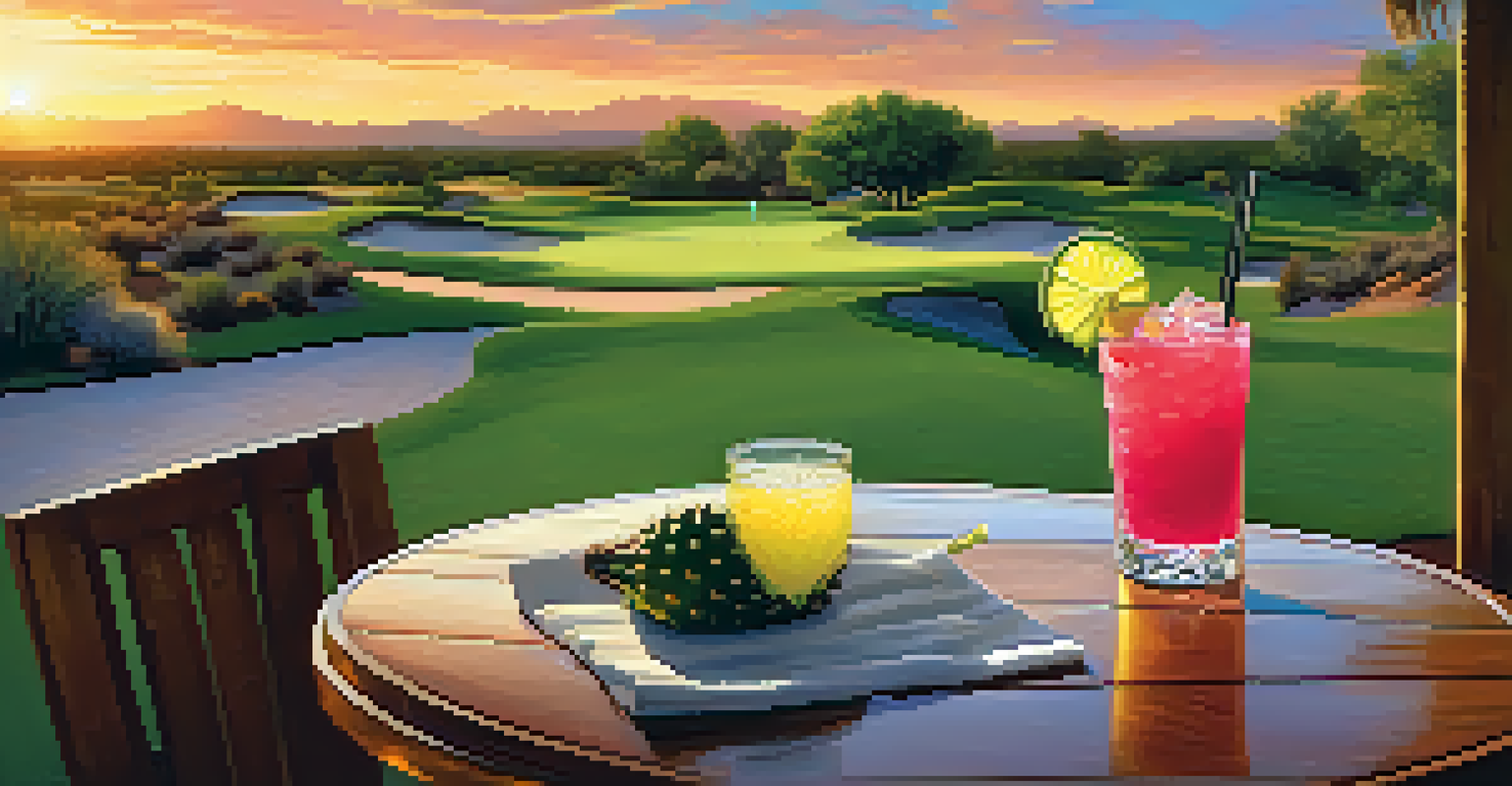 A Cactus Pear Margarita displayed on a wooden table with lush golf course views and a sunset in the background.