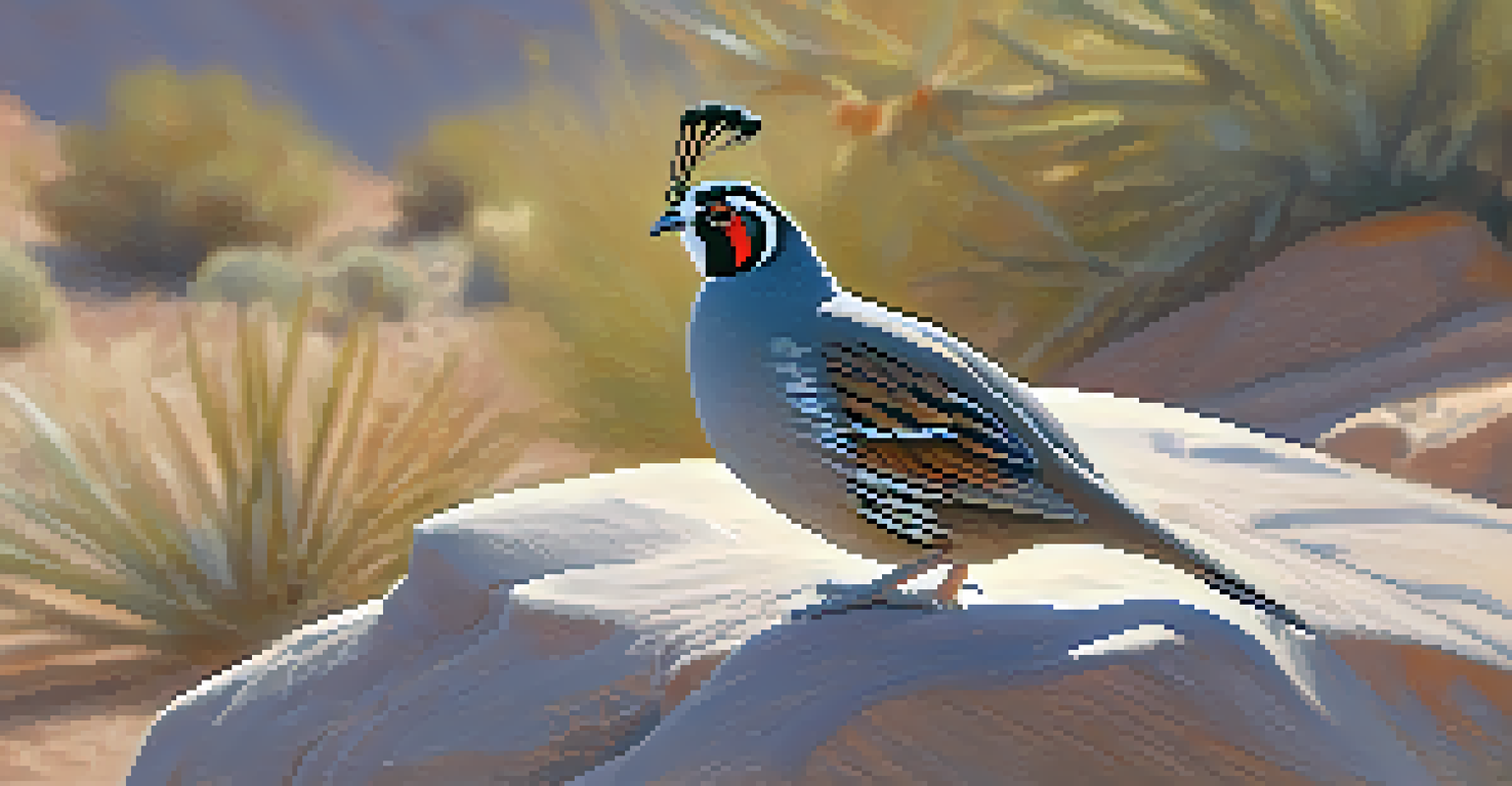 A Gambel's quail standing on a rock in the desert, with warm afternoon light illuminating its features.