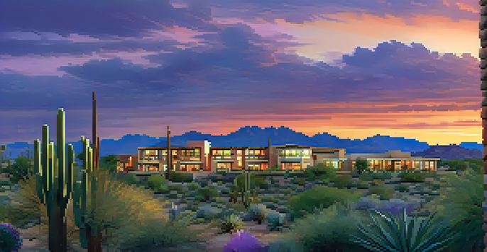 A panoramic view of Scottsdale's skyline at sunset with luxury homes and condos, warm colors reflecting off the buildings, and desert plants in the foreground.