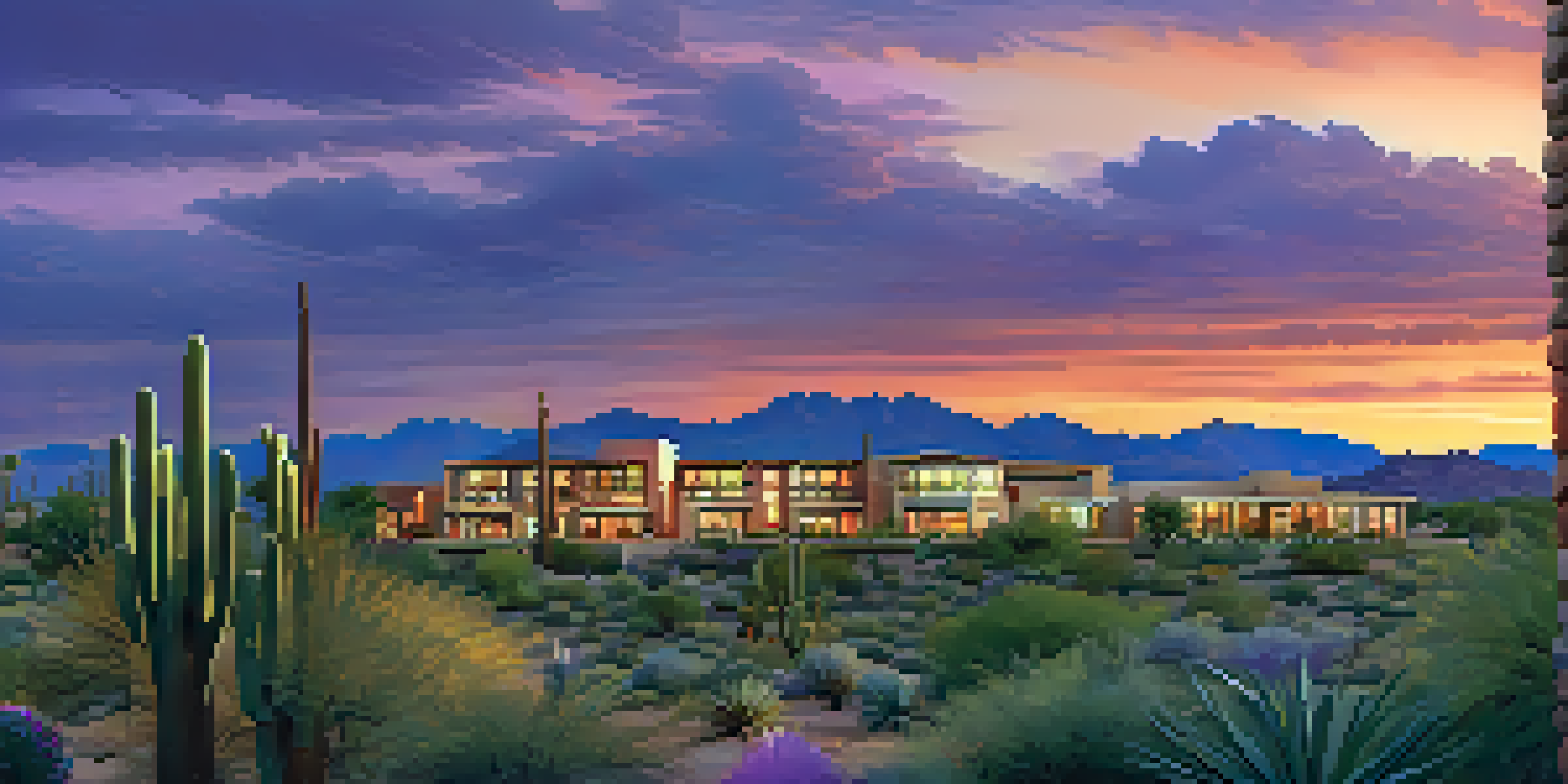 A panoramic view of Scottsdale's skyline at sunset with luxury homes and condos, warm colors reflecting off the buildings, and desert plants in the foreground.