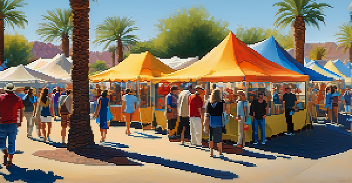 A lively outdoor art festival with local artists showcasing their colorful artworks, surrounded by palm trees and a clear blue sky.