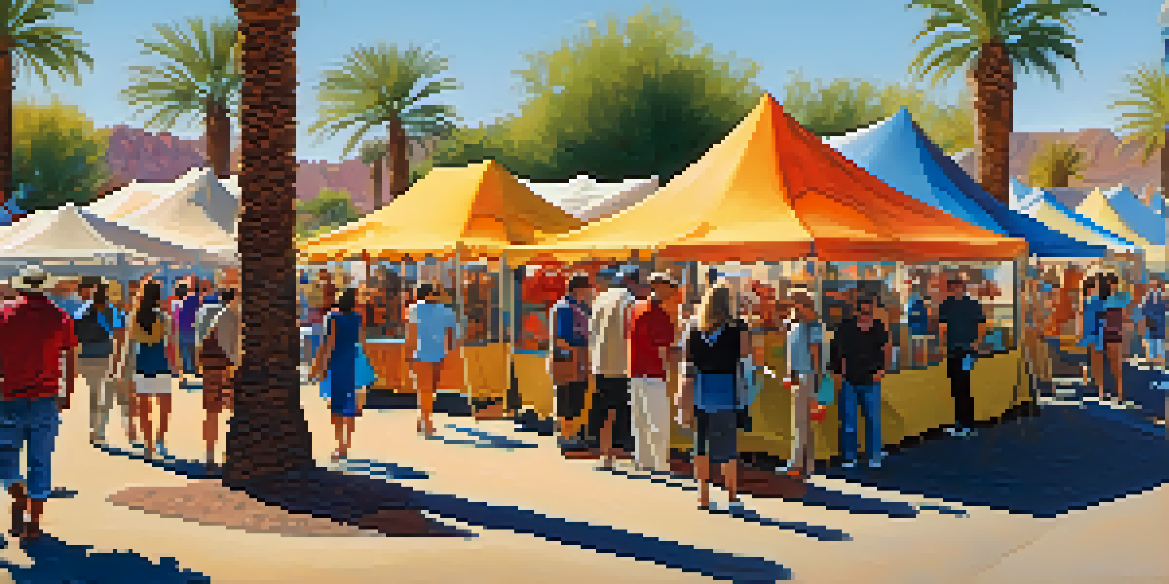 A lively outdoor art festival with local artists showcasing their colorful artworks, surrounded by palm trees and a clear blue sky.