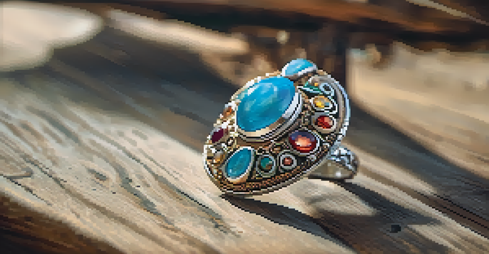 A detailed view of a handcrafted jewelry piece showcasing intricate designs and colorful gemstones on a wooden surface, with a soft focus on a desert landscape behind it.