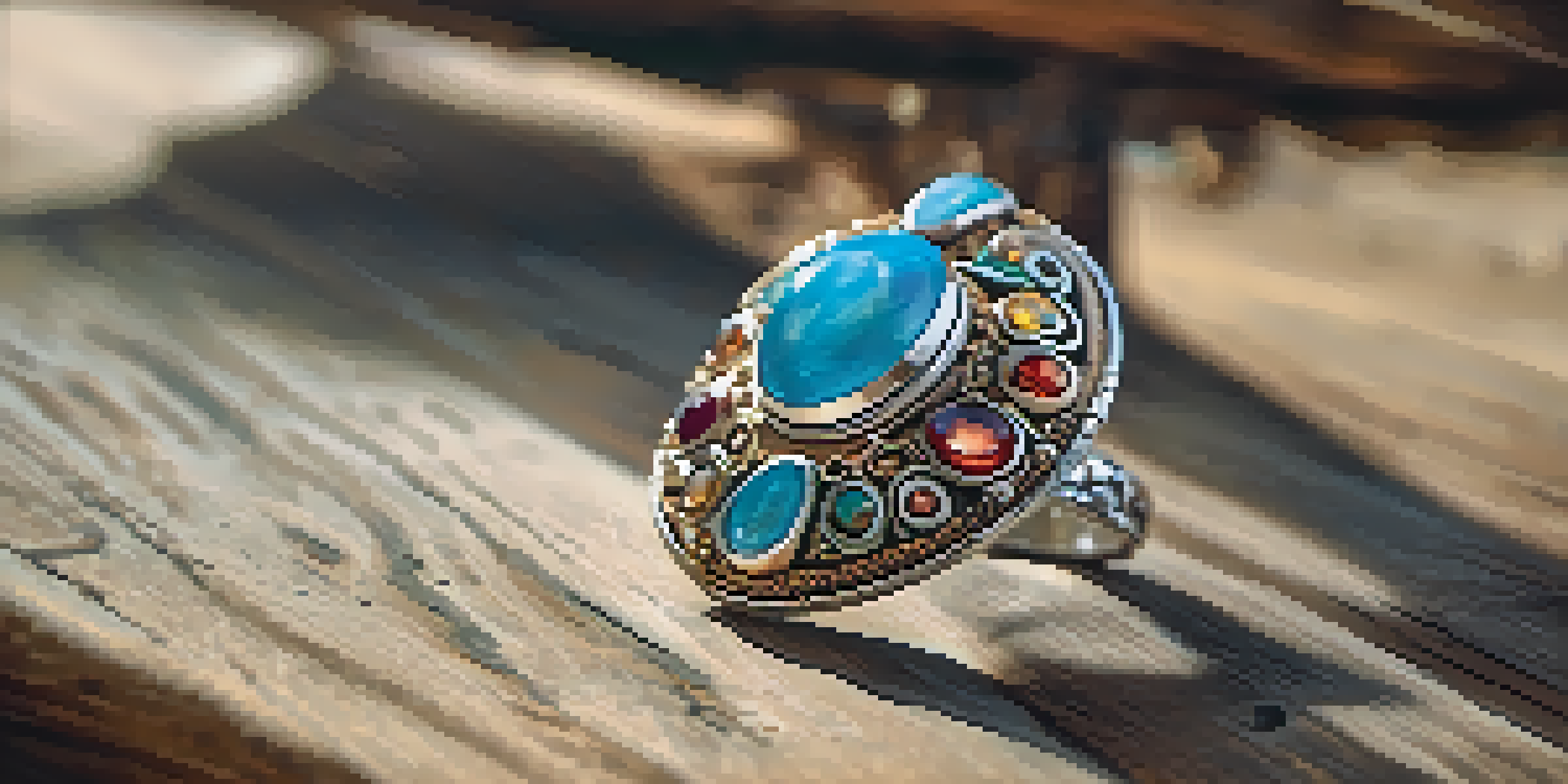 A detailed view of a handcrafted jewelry piece showcasing intricate designs and colorful gemstones on a wooden surface, with a soft focus on a desert landscape behind it.