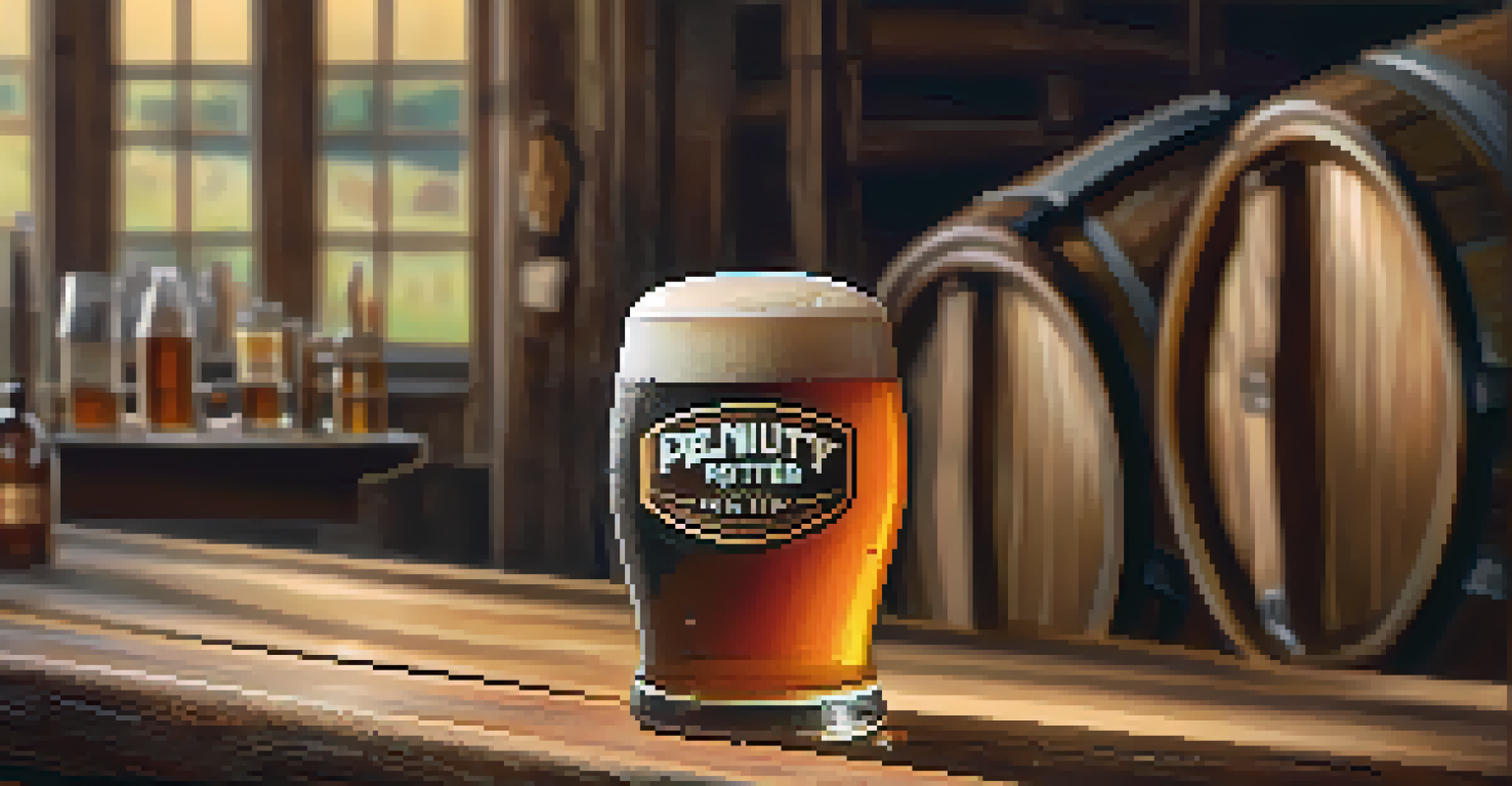 A close-up of a glass of Peanut Butter Porter beer on a rustic wooden table, with the brewery interior blurred in the background.