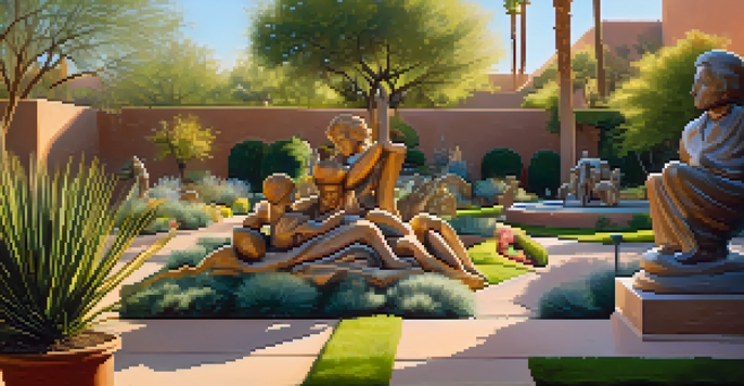 A scenic sculpture garden filled with contemporary sculptures and greenery under bright sunlight, with people walking around.