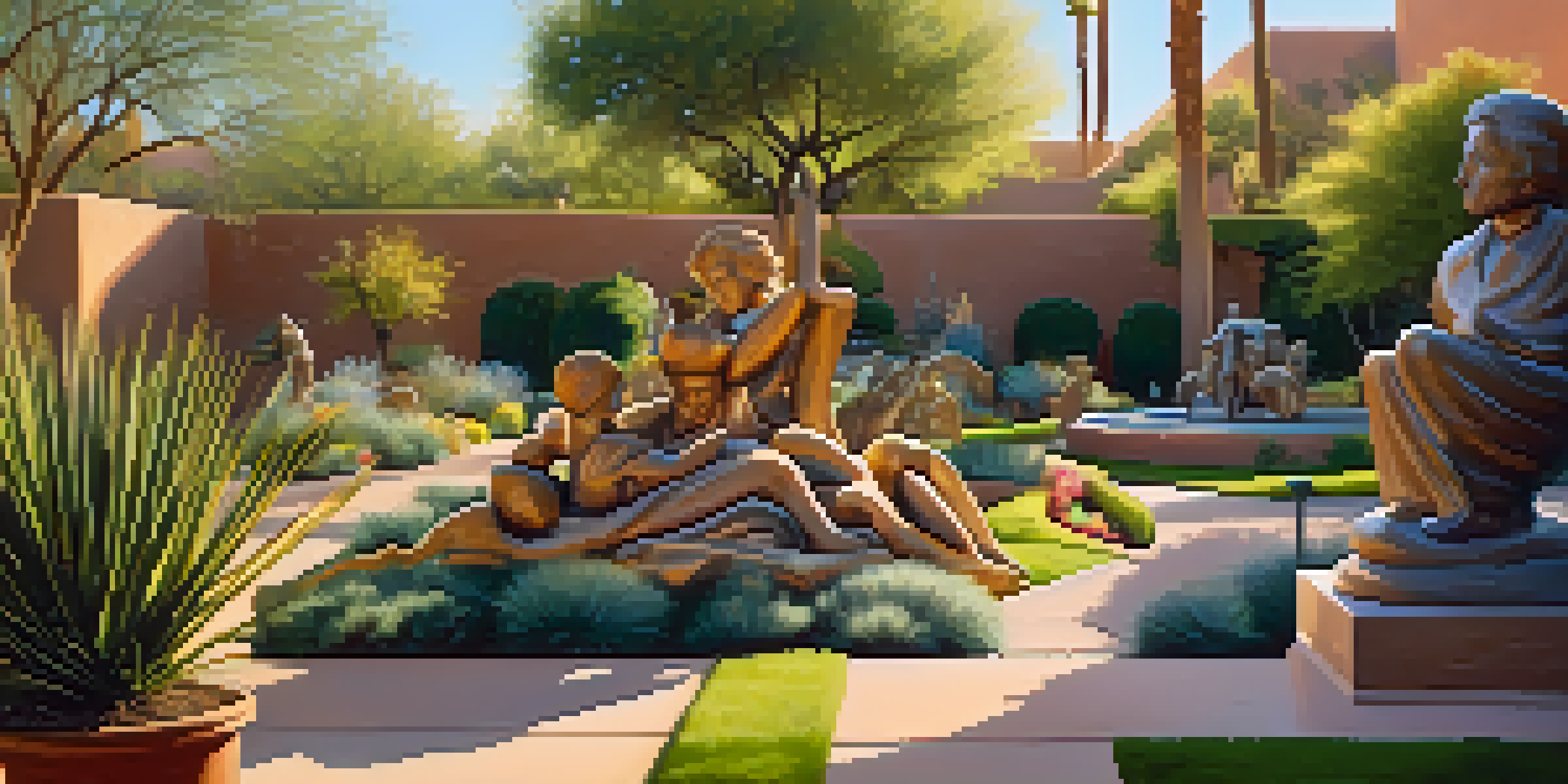 A scenic sculpture garden filled with contemporary sculptures and greenery under bright sunlight, with people walking around.