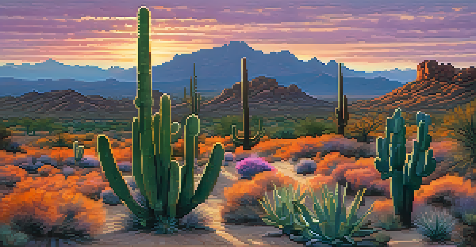 A sunset over Scottsdale's desert landscape with cacti and rock formations silhouetted against a colorful sky.