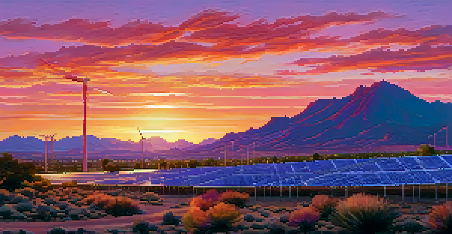A sunset over solar farms in Scottsdale, with vibrant colors reflecting off the solar panels.