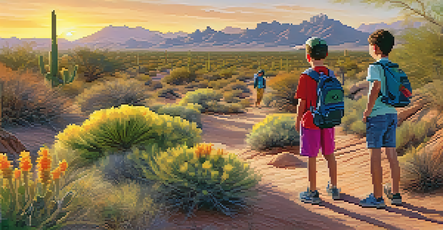 Children engaged in a scavenger hunt on a hiking trail, discovering plants and animals in a beautiful desert landscape.