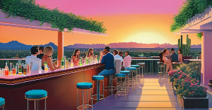A lively rooftop bar scene in Scottsdale at sunset, featuring people enjoying cocktails against a beautiful desert skyline.