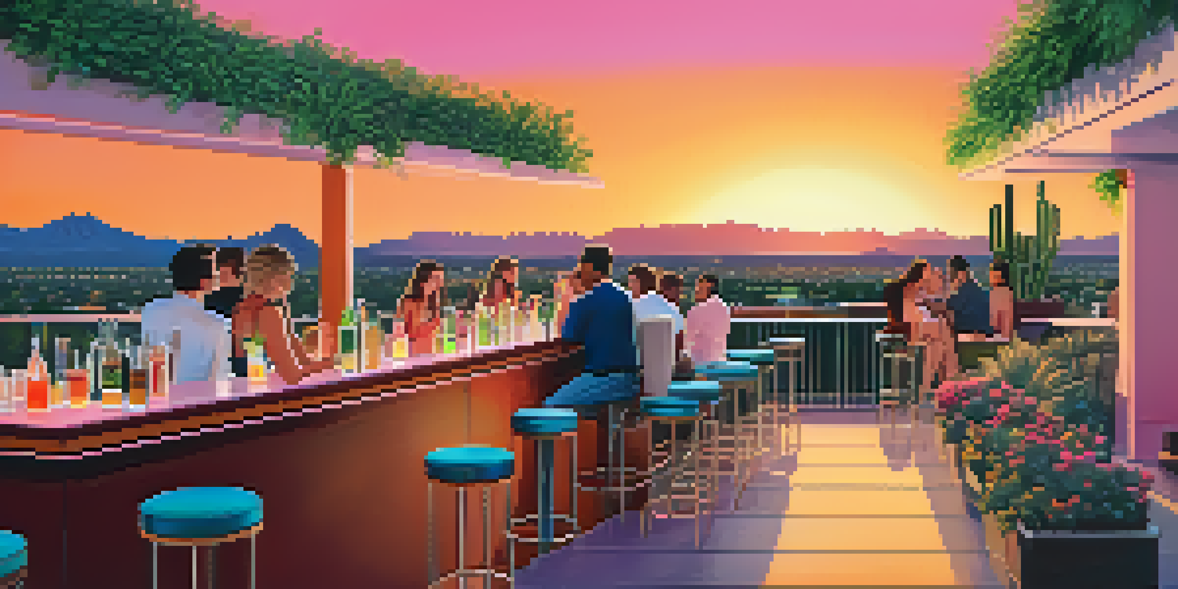 A lively rooftop bar scene in Scottsdale at sunset, featuring people enjoying cocktails against a beautiful desert skyline.