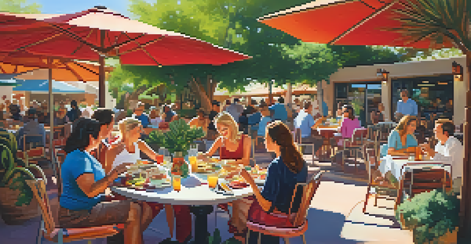 A sunny outdoor dining area with people enjoying southwestern cuisine at a vibrant restaurant.