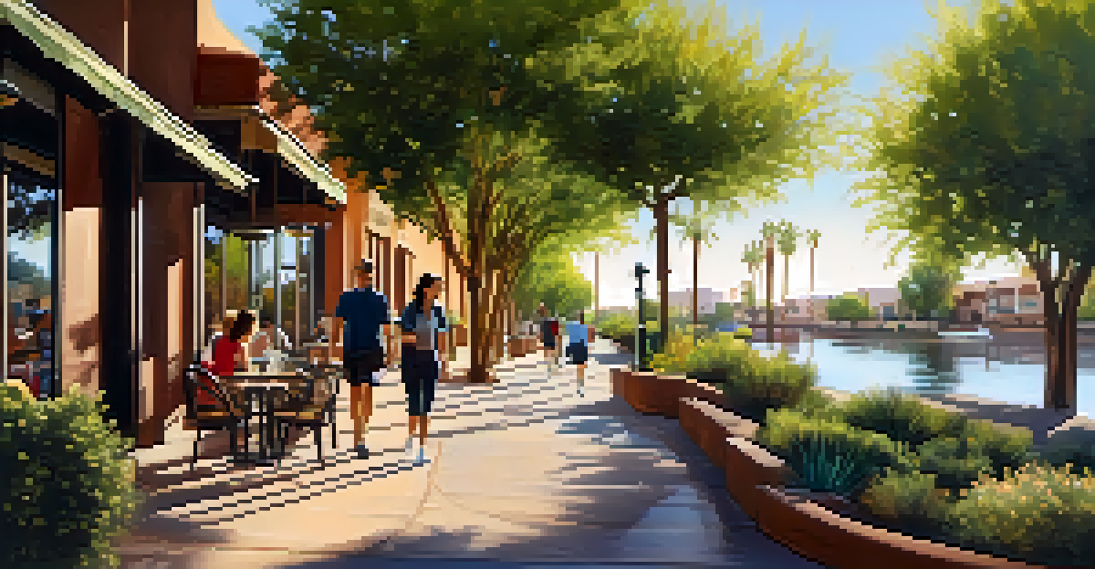 A couple walking their dog along a sunny canal pathway at the Scottsdale Waterfront, with cafes in the background.