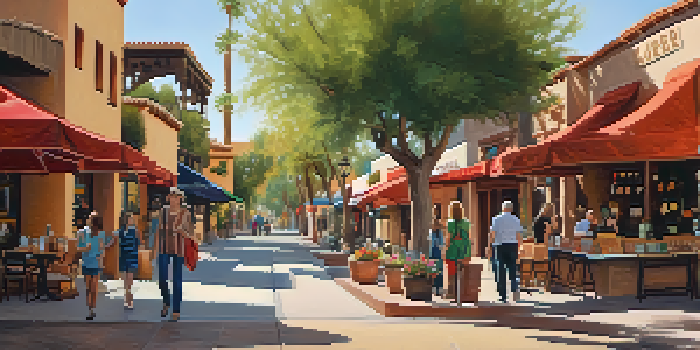 A sunny street view of Old Town Scottsdale with adobe buildings and art galleries, showcasing the lively atmosphere of the area.