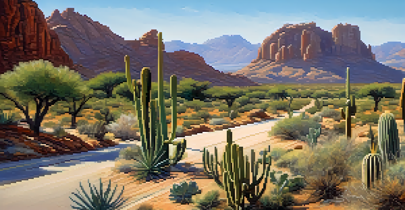 A tranquil desert landscape on Rio Verde Drive with rock formations, cacti, and grazing wild horses under a blue sky.