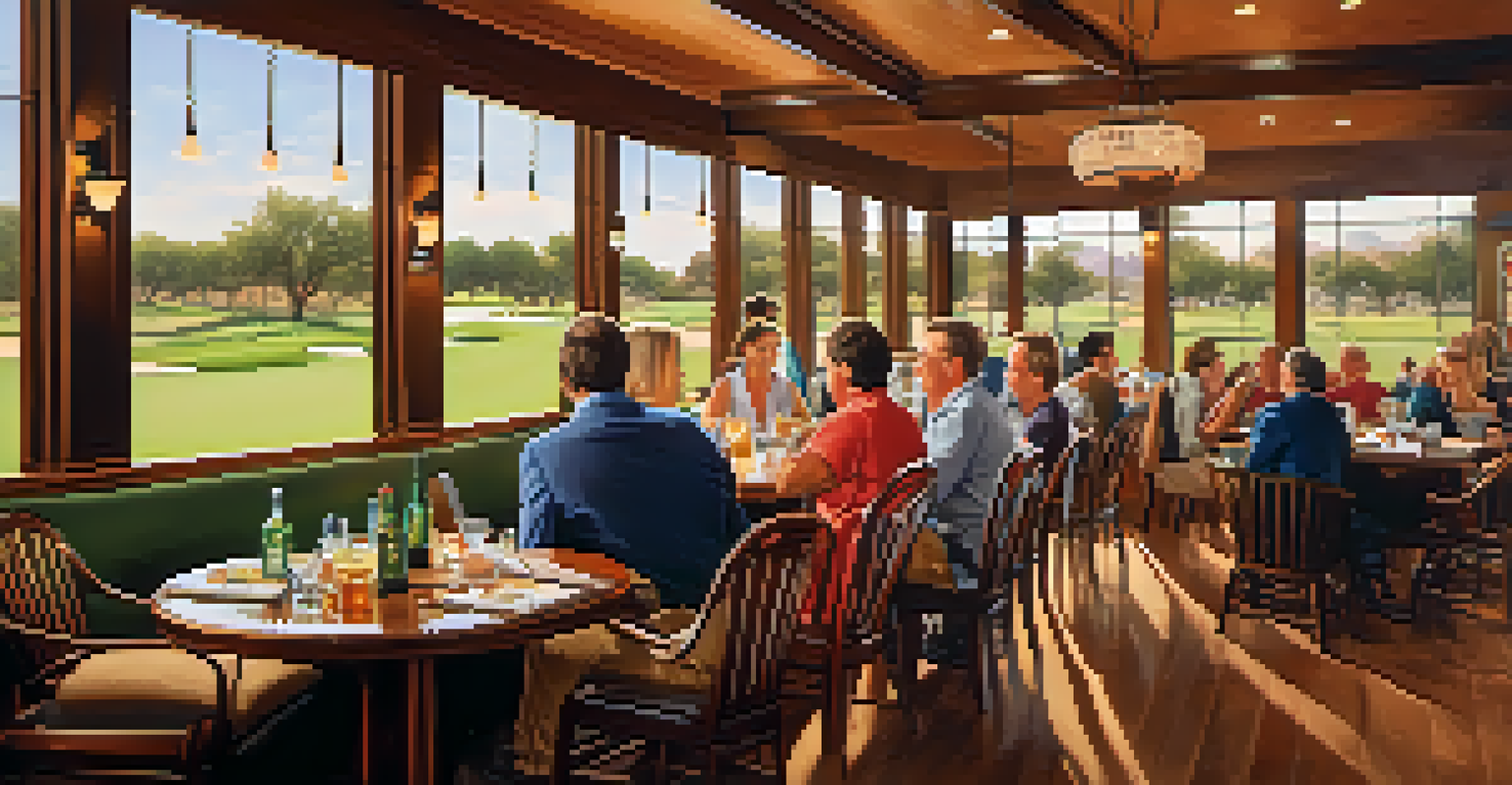 A friendly gathering in a golf clubhouse with friends enjoying food and drinks, surrounded by golf memorabilia and a warm ambiance.