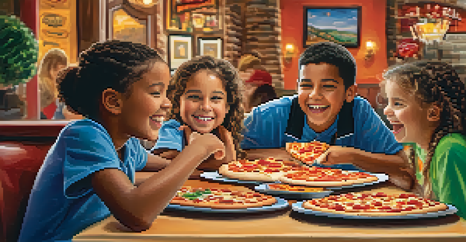 Children enjoying pizza and cheesy breadsticks in a vibrant restaurant atmosphere at Oregano's Pizza Bistros.